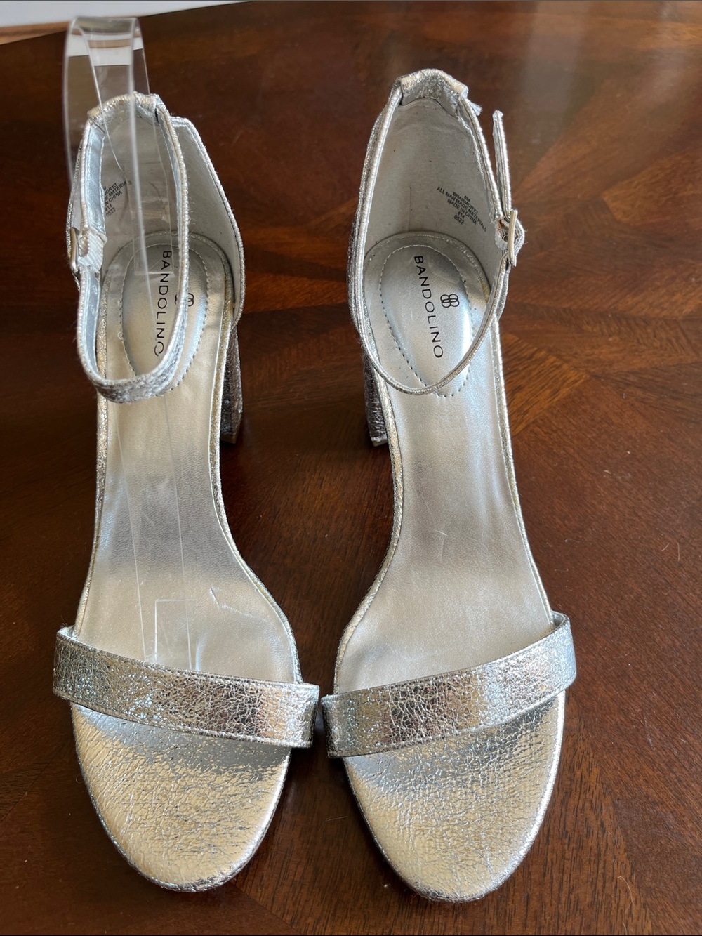 Bandolino Silver Metallic Ankle-Strap Block Heels